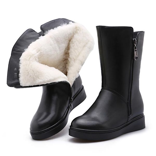 

boots 2021 winter cowhide wool in-tube leather non-slip wedges flat black warm women snow