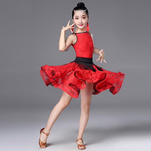 

2021 new summer childrens latin dance tassel dress kids chacha rumba samba tango performance apparel competition dqt1075, Black;red