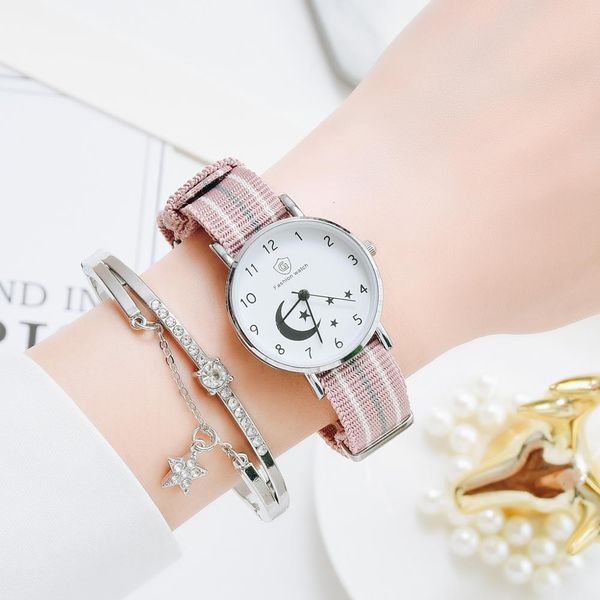 

watch for women bracelet set casual canvas strap ladies watches moon stars pattern quartz wristwatches female gift girl clock, Slivery;brown