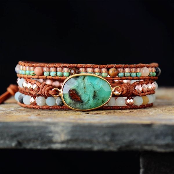 

luxury leather wrap bracelet w/ matte stones beads weaving statement boho bracelet femme homme jewelry wholesale y200730, Black