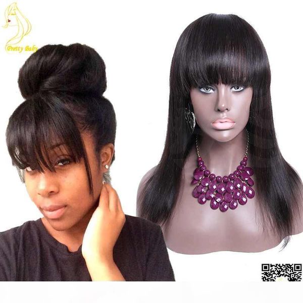 

glueless full lace human hair wigs with bangs brazilian straight human hair wigs with ponytails full air bangs full lace with baby hair, Black;brown
