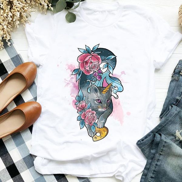 

women lady cartoon cat watercolor floral flower pet 90s cute print tshirt shirt clothes graphic female t tee womens t-shirt, White