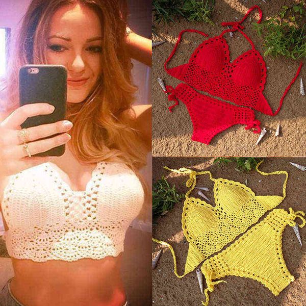 

handmade crochet lace knit bra swimwear beach push-up bikini set halter cami tank crop top, White;black