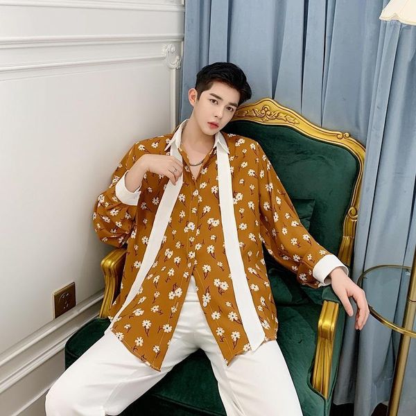 

stage clothes men bow tie long sleeve vintage casual loose shirts japan korea style male flower print dress shirts1, White;black