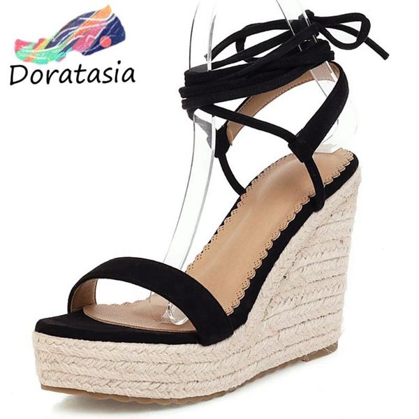 

doratasia women solid ankle strap retro gladaitor shoes high wedges party dress sandals women fashion platform sandals, Black
