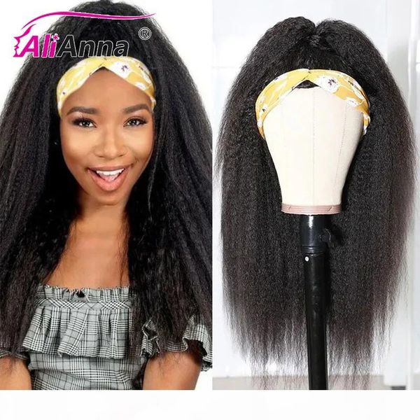 

kinky straight headband wig human hair wigs brazilian remy hair scarf wig for women alianna made human wigs with headband, Black;brown