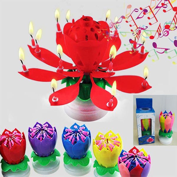 Petali colorati Musica Candela per bambini Festa di compleanno Lotus Fiore frizzante Velas Squirt Blossom Fiamma Cake Add Predessory Regalo