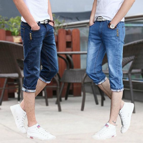 

men's jeans summer 2021 teenagers cropped male korean slim denim shorts breeches stretch 7-point pants trendy thin, Blue