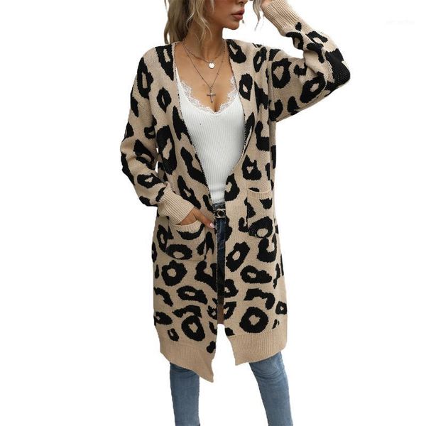 

dewadbow 2021 fashion ribbed cardigans women overcoat knitted leopard print long sleeve sweater coat winter jacket outwear mujer1, White