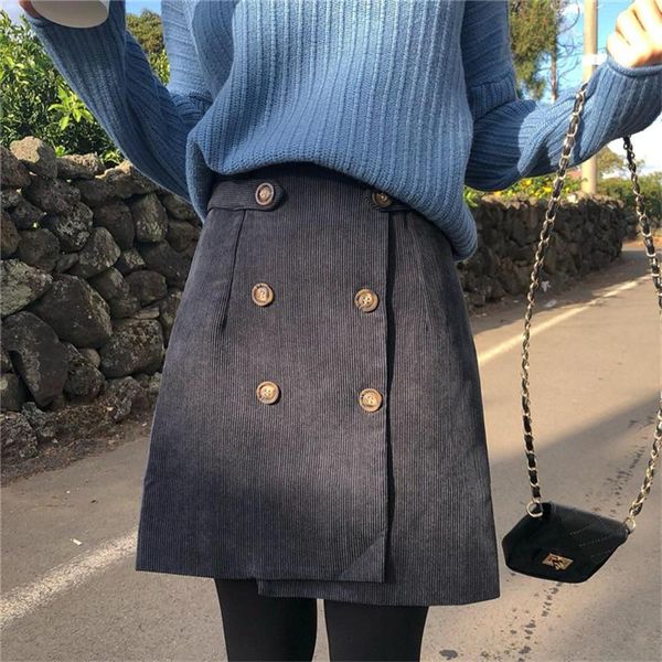 

skirts corduroy skirt plus size 4xl short female autumn and winter double breasted a-line faldas saias, Black
