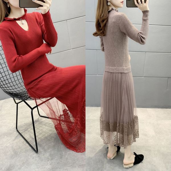 

r3psu long overcoat sweater base women's and autumn winter skirt skirtlace skirt2020 new knitted skirt lace dress women's early sp, Gray