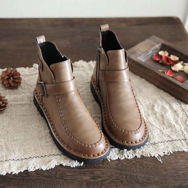 

retro soft leather side zipper short boots women winter plus velvet women shoes casual flat ankle boots ladies spring botas boty, Black