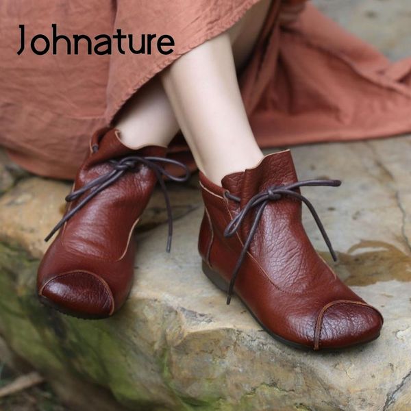 

johnature lace-up platform shoes 2020 new genuine leather round toe flat with sewing handmade ankle women boots q1104, Black