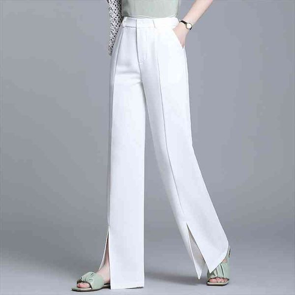 

summer wide leg split pants women fashion solid button high waist black trousers female elegant ladies long pants 4xl, Black;white