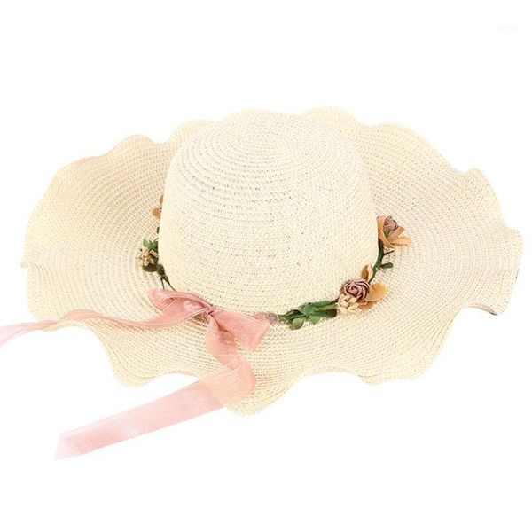

women summer straw sun visor hat ruffles agaric wide wavy brim artificial flower garland wreath lace ribbon bucket cap beachwear1, Blue;gray