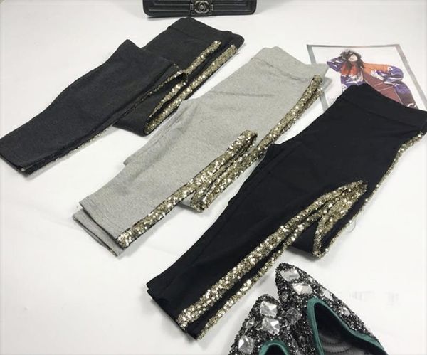 

spring autumn leggings women fashion sequins stripe side pure cotton trousers girls ladies all match basic trousers leggings, Black