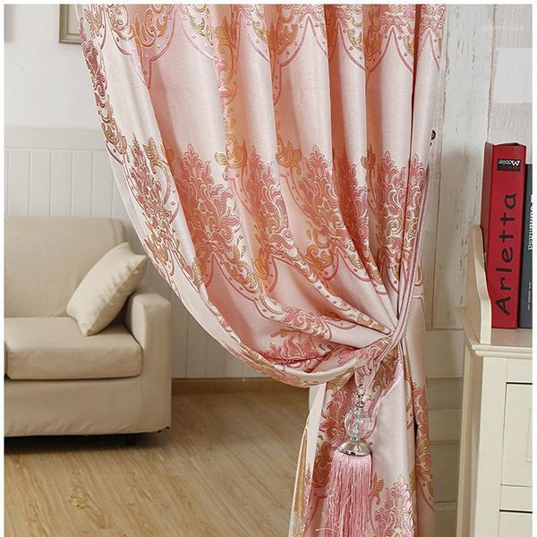 

european style curtain for living dining room bedroom pink golden jacquard curtains yarn-dyed curtains fabric blackout1