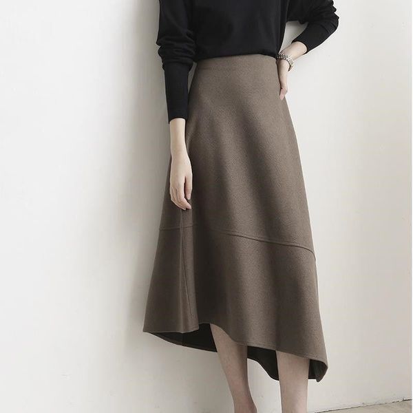 

women new 2021 autumn winter high waist woolen skirts female fashion streetwear wool midi a-line skirt casual ladies saia a485, Black