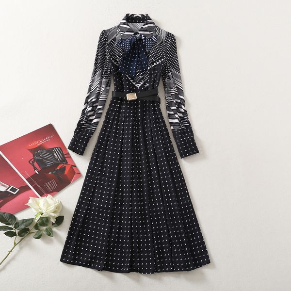

milan runway dresses 2021 spring summer lapel neck long sleeve women's designer dress brand same style dress 0110-11, Black