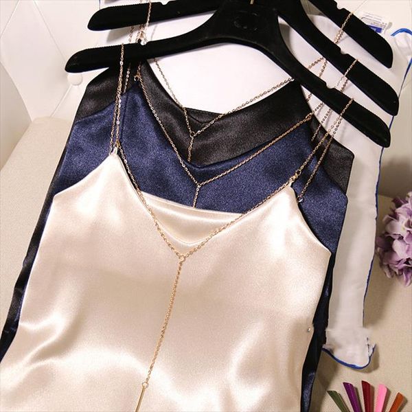 

satin women sleeveless v neck tank beige green blue black white female camisole tank stinlicher metal strip