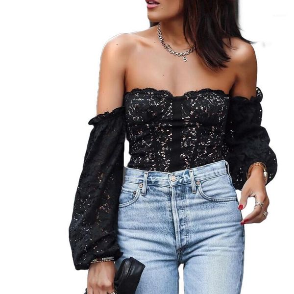 

new fashion women ladies off shoulder elegant floral lace slim blouse casual long sleeve shirts black white1, White
