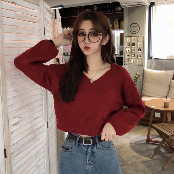 

early spring and autumn new korean version of loose v-neck zipper sweaterfront and back zipper short sweater women's long sleeve bottom, White;black