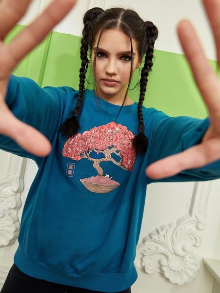 

x ppmid tree & chinese letter graphic drop shoulder sweatshirt z7zo#, White;black