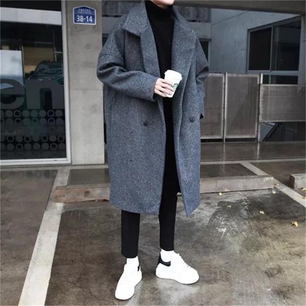 

oloey winter casual windbreaker fashion trendy loose version lapel double-breasted thick woolen mid-length men's coat, Black