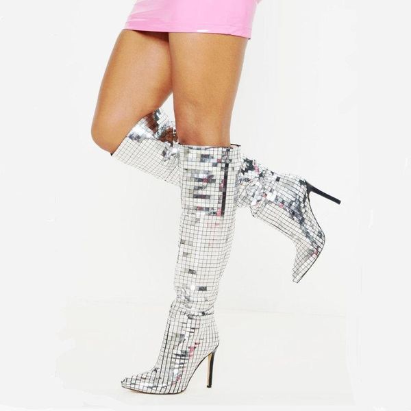 

boots 2021 fashion mirror sequin knee high women super heels long pointed toe autumn winter ladies shoes black silver