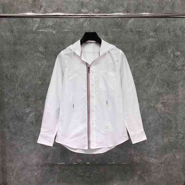 

hooded zipper men's shirt classic oxford cotton solid white long sleeve designer shirts luxury brand slim casual korean style blouse, White;black