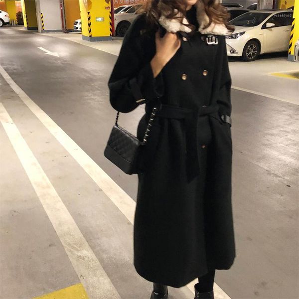 

2021 new winter women woolen coat female korean outwear double breasted lady lace up elastic waist long wool overcoat h161, Black