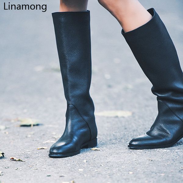 

women black knee high round toe boots ladies winter flat heel retro design vintage shoes female long boots street style lj201130