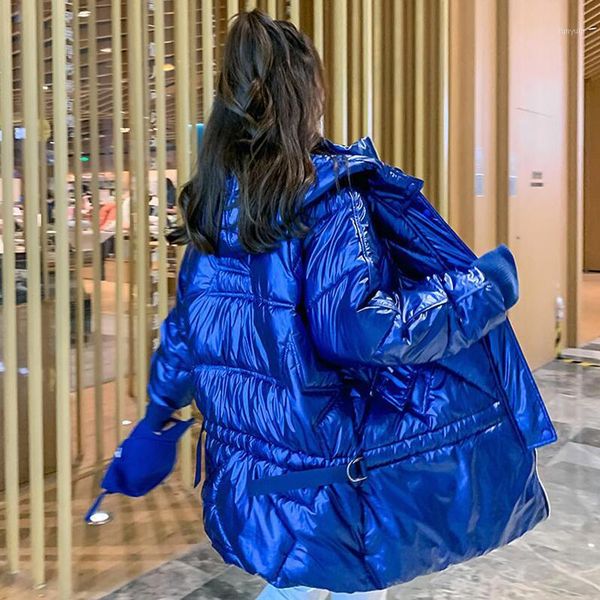 

2019 fashion winter glossy down parka women jackes large size winter blue thick warm parka hooded coat loose jackets outerwear1, Tan;black
