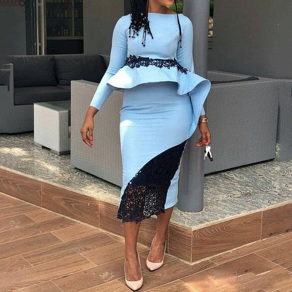 

nine points sleeve midi dress elegant women lace patchwork office dress sky blue and yollow high waist sheath column ruffle robe femme, Black;gray