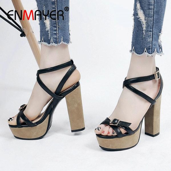 

dress shoes enmayer 2021 summer women genuine leather basic buckle strap party sandals square heel fashion wedding, Black