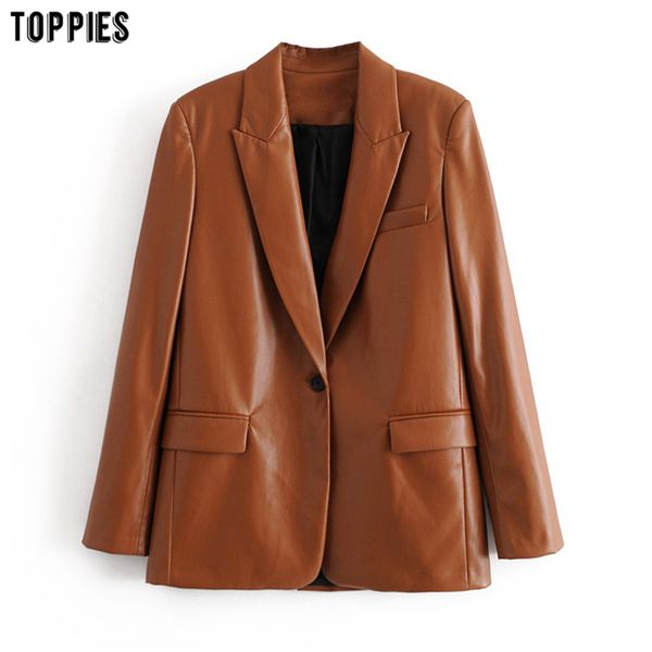 

ies faux leather jackets single button coat womens fall 2020 cothing brown jacket ladies outwear, Tan;black