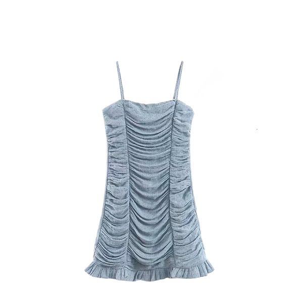 

2021 new recommended french vintage young gray dot fold blue girls frilly spaghetti girdle above the knee dressed as women 3e7h, Black;gray