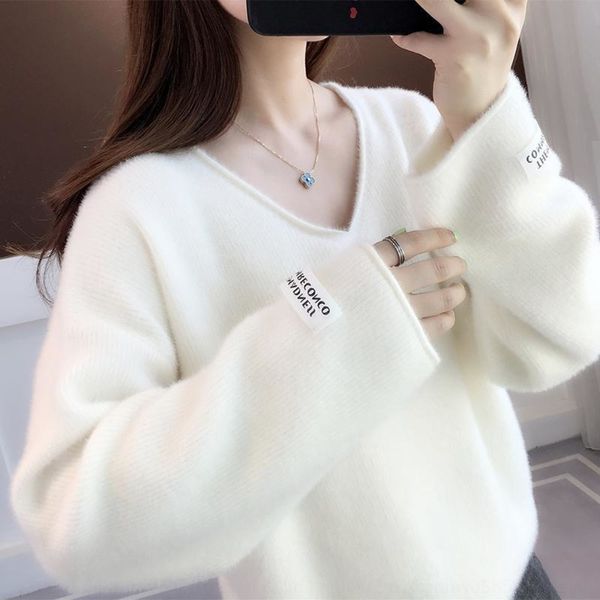 

hkwxx new autumn and pulloversweater pullover 2020 korean winter women's v-neck loose pullover korean lazy style versatile sweater jmbd, White;black