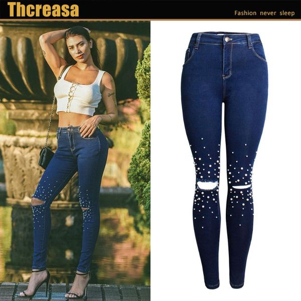 

women's jeans pants high waist slim leggings pencil pearl, Blue
