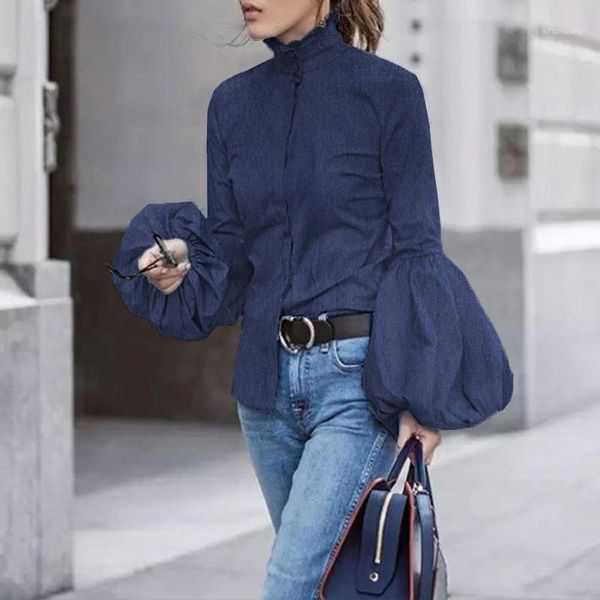

high neck elegant blouse shirt denim blouse shirts fashion puff sleeve autum lady lapel neck button blusas s-5xl1, White