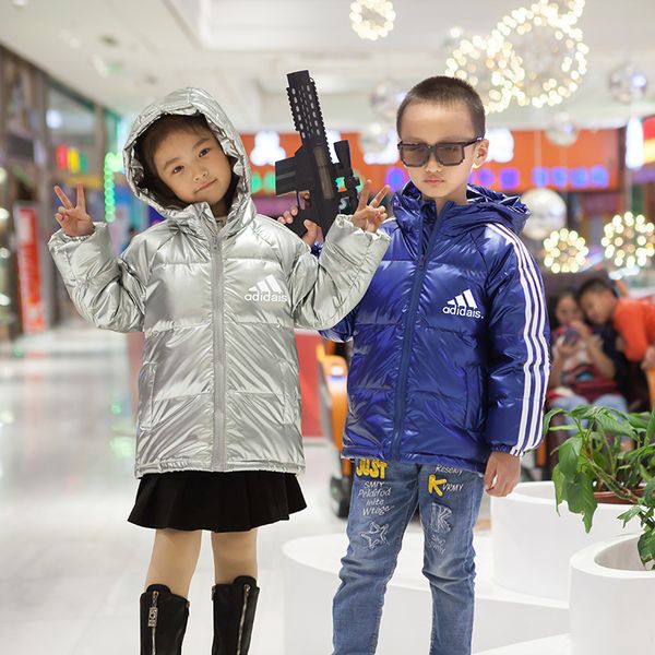 

clover детских курток мальчики коротких девочек зимой белая утка вниз серебро глянцевого hoodie, Blue;gray