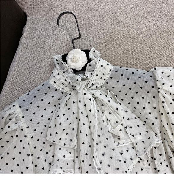 

women's blouses & shirts polka dot blouse for women 2021 spring autumn elegant inner wear outer sweet bow collar print puff sleeve gauz, White