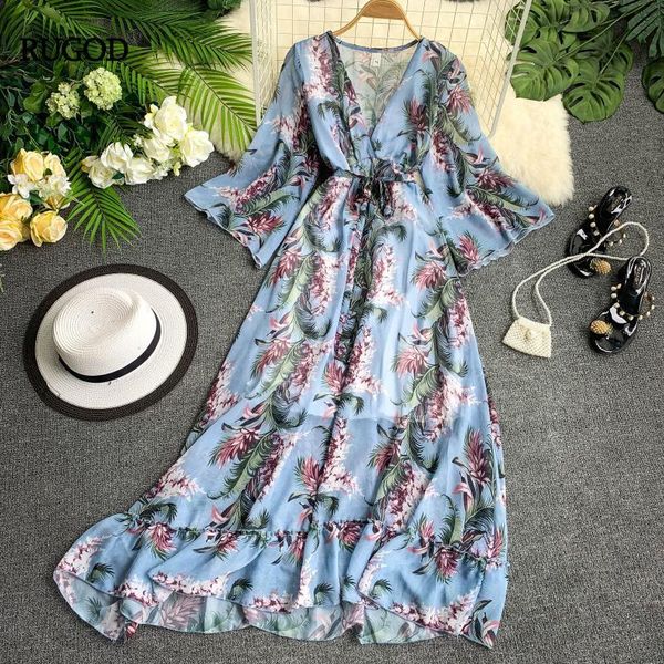 

rugod floral print women dress v neck elegant high waist boho chic style casual summer beach dress modis femme vestido, Black;gray