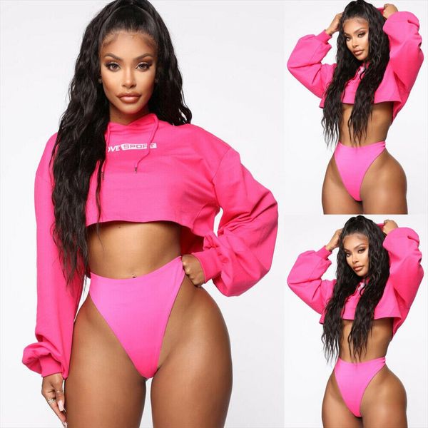 

2020 autumn women long sleeve letter crop hoodies sweatshirt casual crop hooded pullover outwear sweatshirts hot, Black