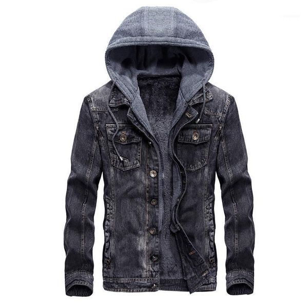 

fashion mens warm denim jackets hooded fleece lined jeans jacket detachable coats1, Black;brown