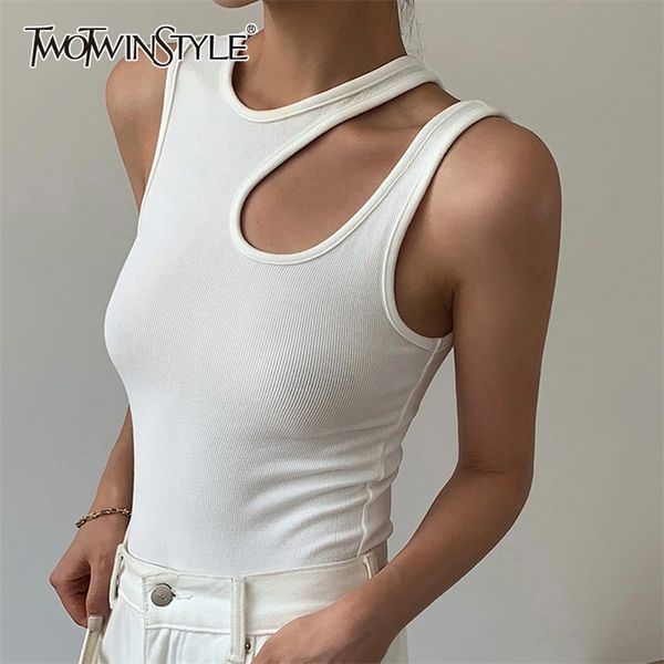 

twoyle casual white cut out women's shirt round neck sleeveless korean slim shirts female clothing summer fashion 220304