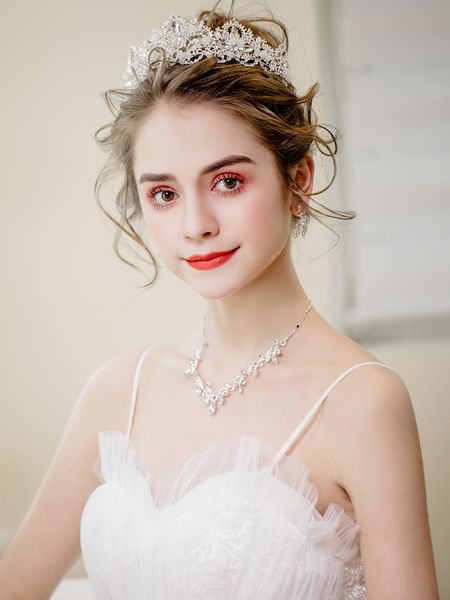 

bridal crown necklace three piece set 2020 new korean crystal dress hair accessories wedding jewelry diamond headdress, Silver