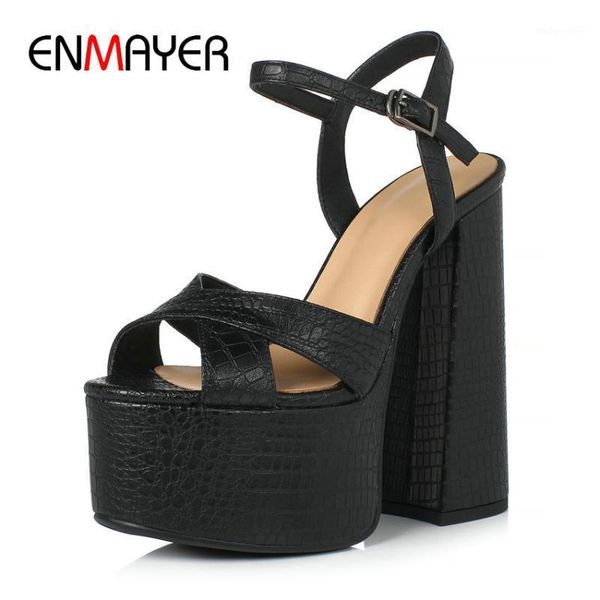 

sandals enmayer genuine leather buckle strap shoes women fashion 2021 summer platform sewing square heel sandals1, Black