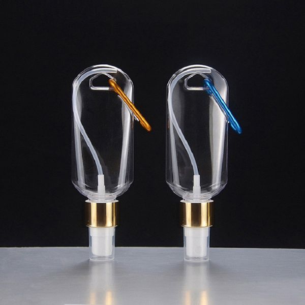 

50ml empty petg hand sanitizer bottle refillable pump spray bottle with key ring hook for travel (gold/sliver/white pump