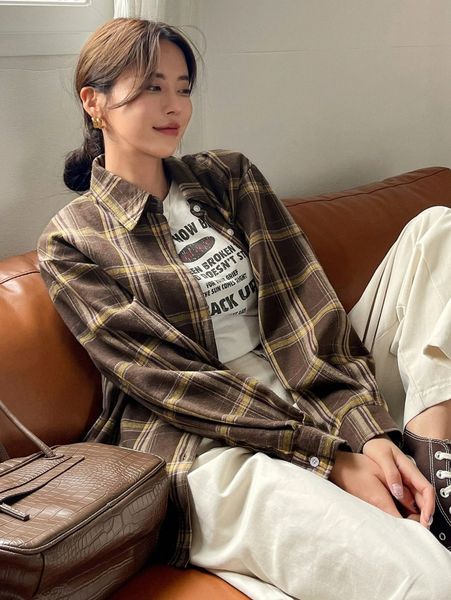 

dazy plaid print drop shoulder blouse z6xm#, White